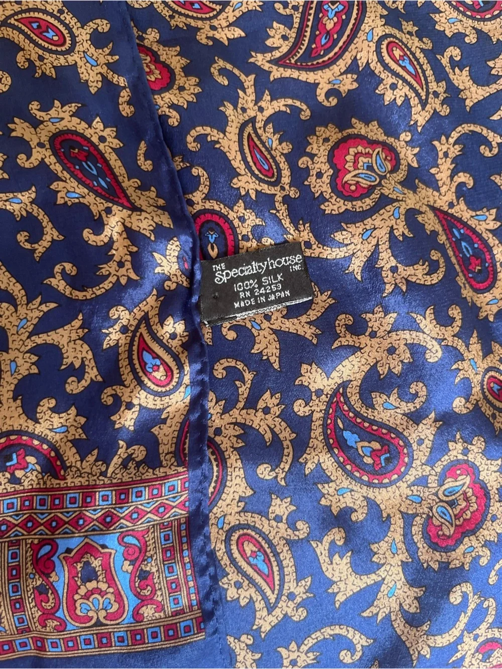 Silk Paisley Scarf in Deep Blue with Gold & Magenta Accents